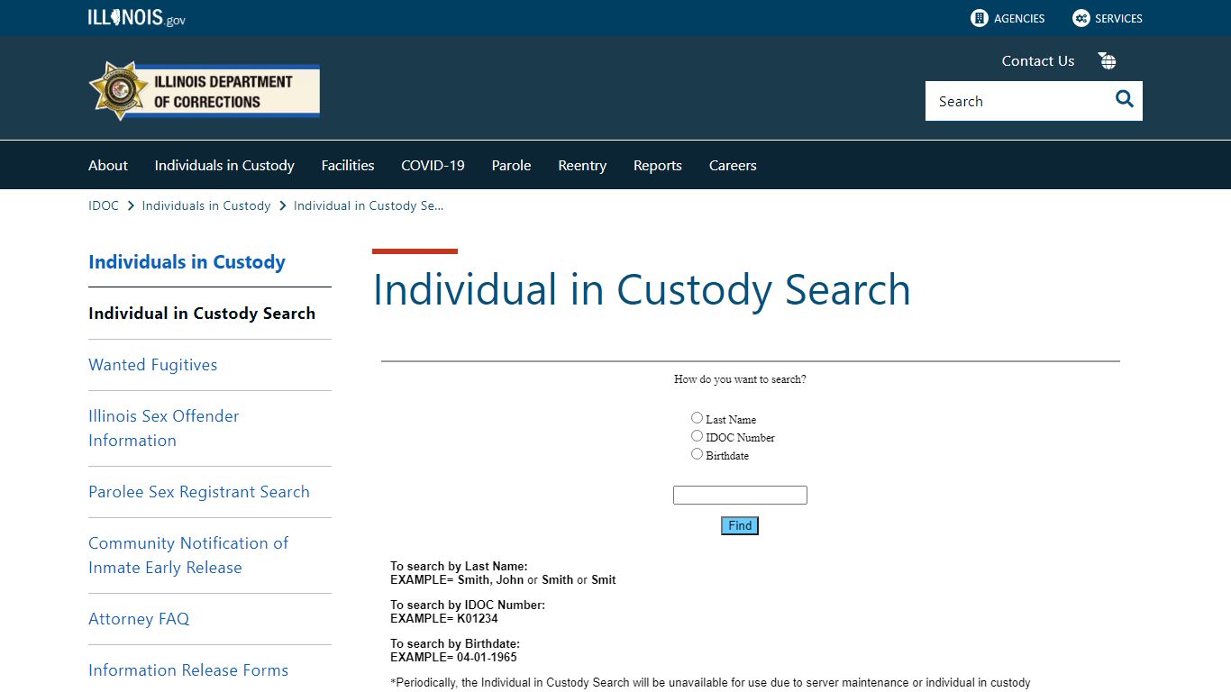 Individual in Custody Search - Illinois Department of Corrections